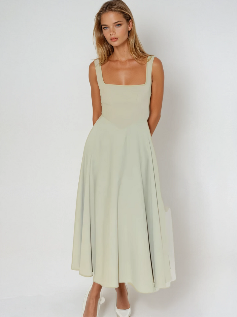 Elegantes Midi-Damenkleid mit Breiten Trägern und Quadrat-Ausschnitt – Festliches Kleid für Hochzeitsgäste und besondere Anlässe 2