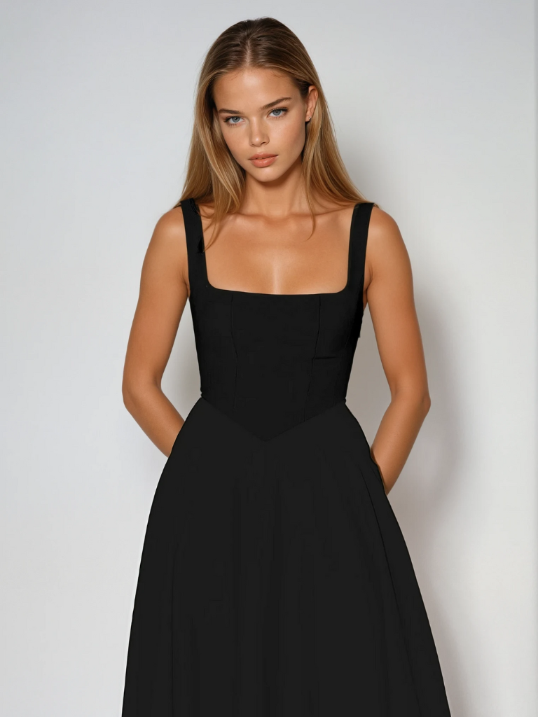 Elegantes Midi-Damenkleid mit Breiten Trägern und Quadrat-Ausschnitt – Festliches Kleid für Hochzeitsgäste und besondere Anlässe 5