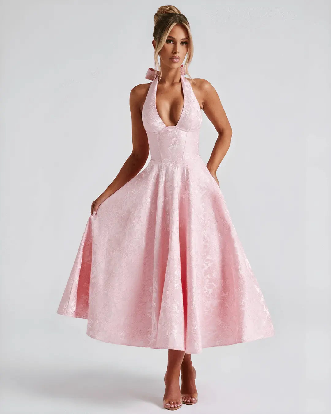 Elegantes Midi Kleid mit Halter-Ausschnitt und Fließendem Rock – Festliches Sommerkleid für Besondere Anlässe in Jacquard 0