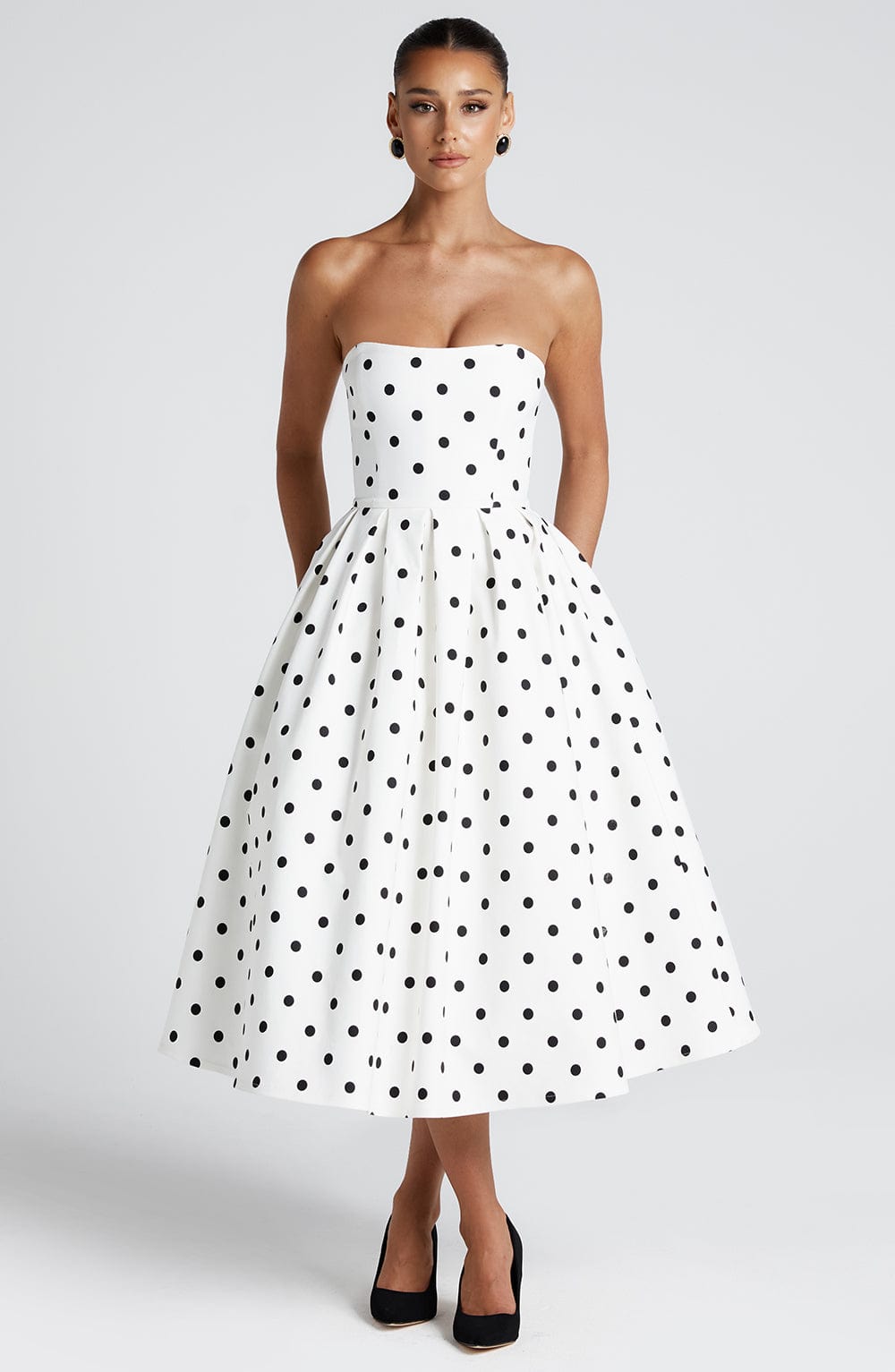 Schwarzes Strapless Midi-Kleid mit Polka-Dots – Figurbetontes Festliches Kleid für Hochzeitsgäste 0