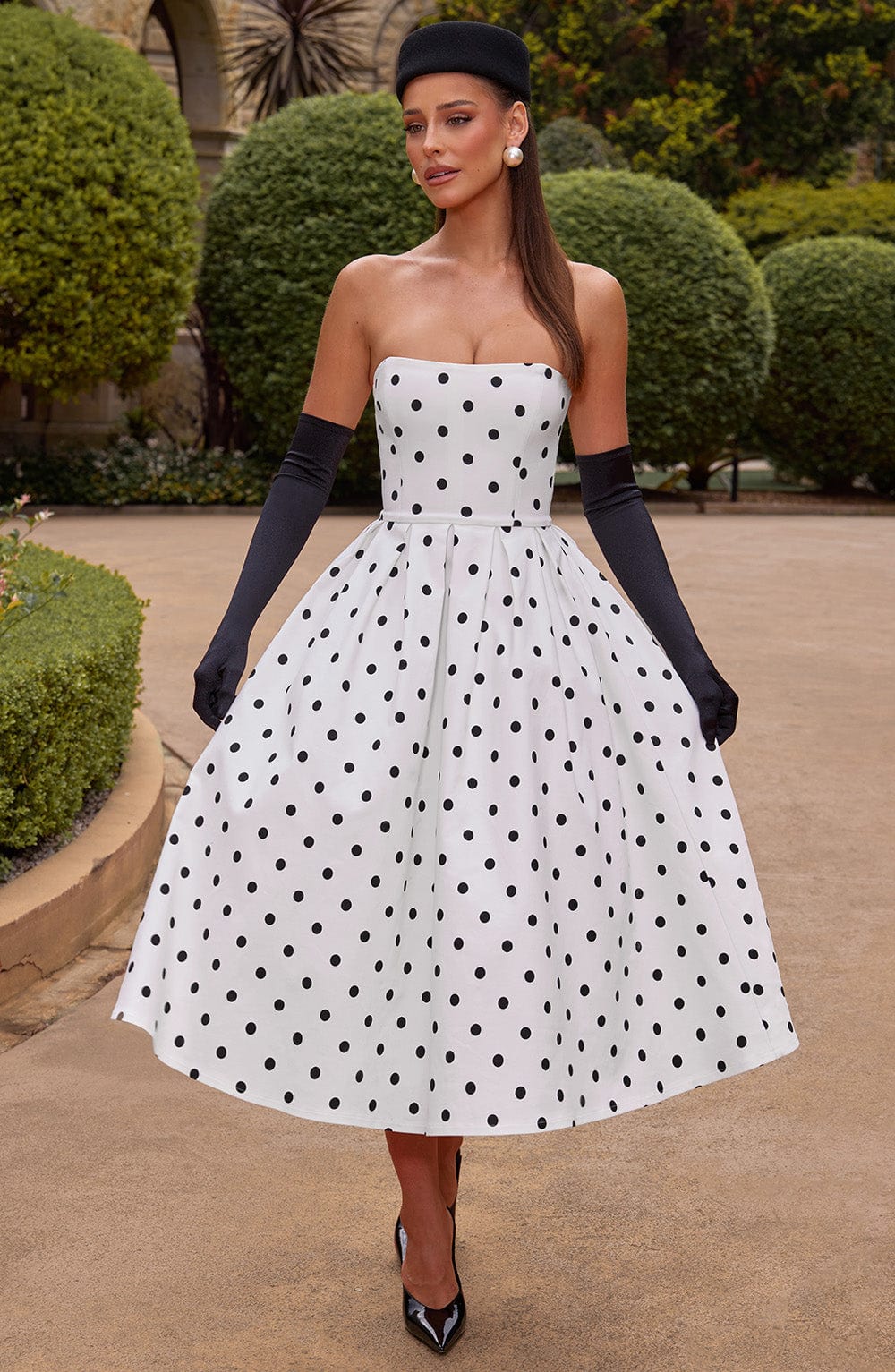 Schwarzes Strapless Midi-Kleid mit Polka-Dots – Figurbetontes Festliches Kleid für Hochzeitsgäste 2